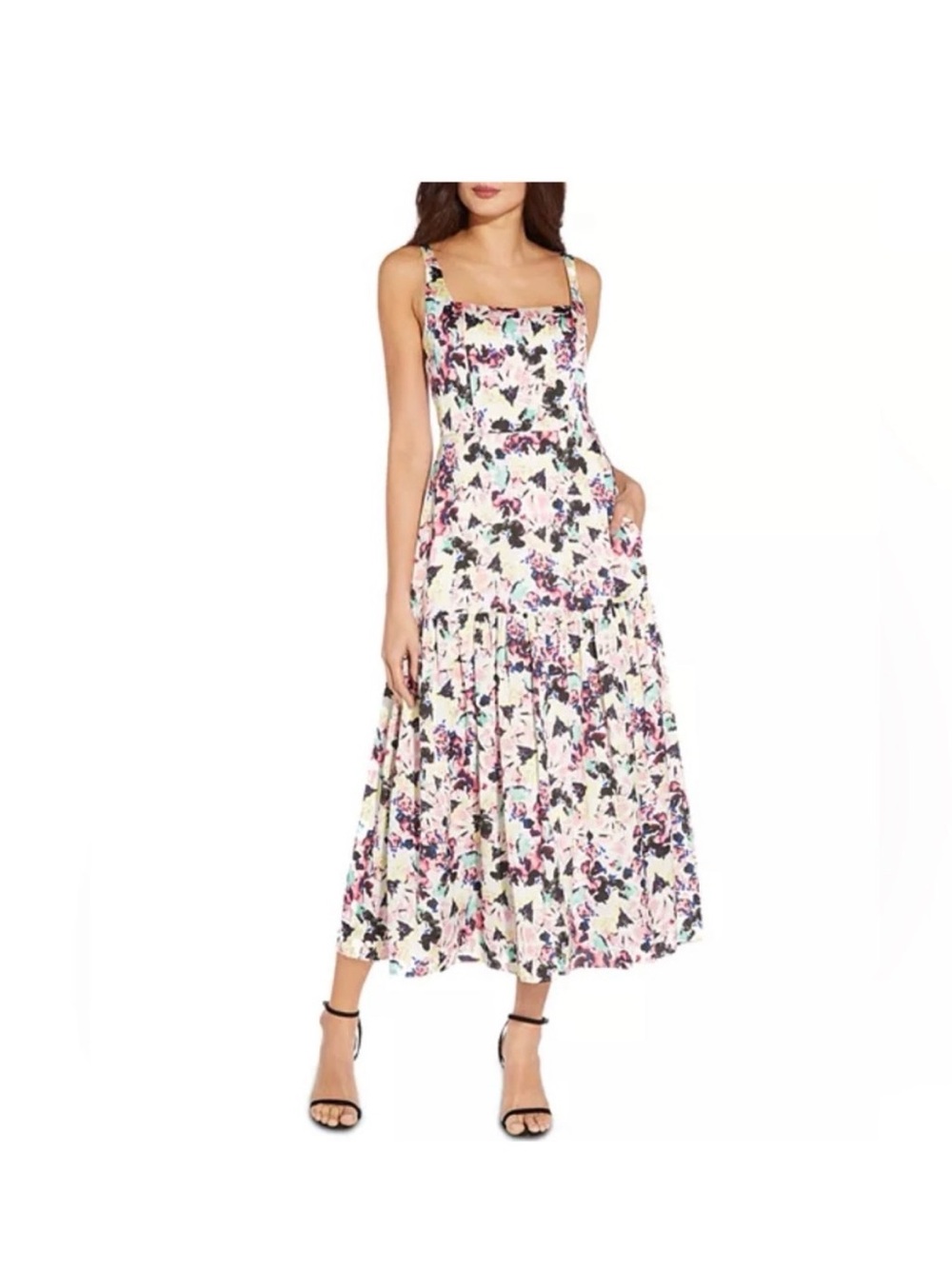 Aidan Mattox Floral Print Midi Dress in Multi-Color